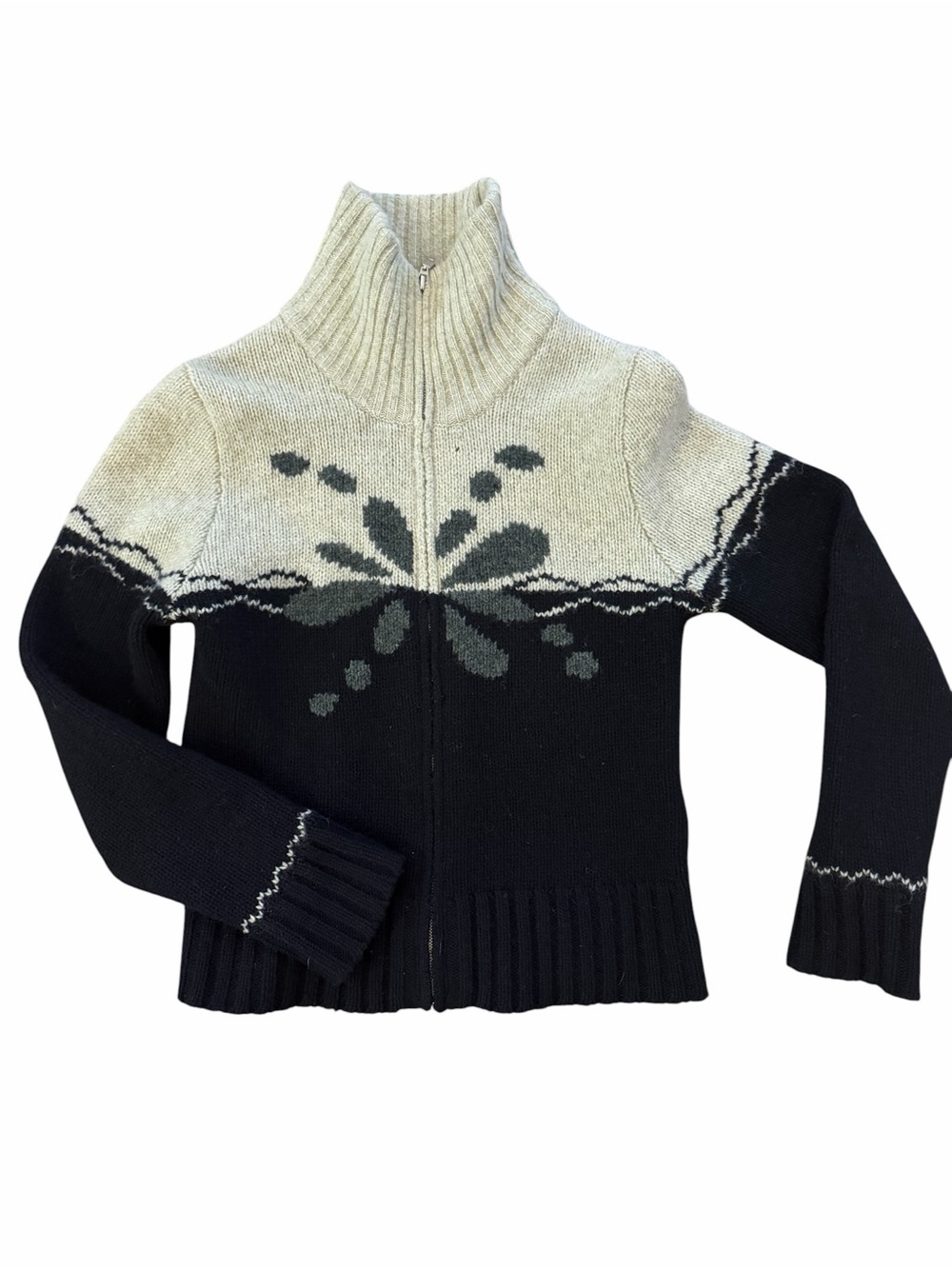 Cream/Black Zip-Front Nordic 90s Apres Ski Wool Women’s Sweater